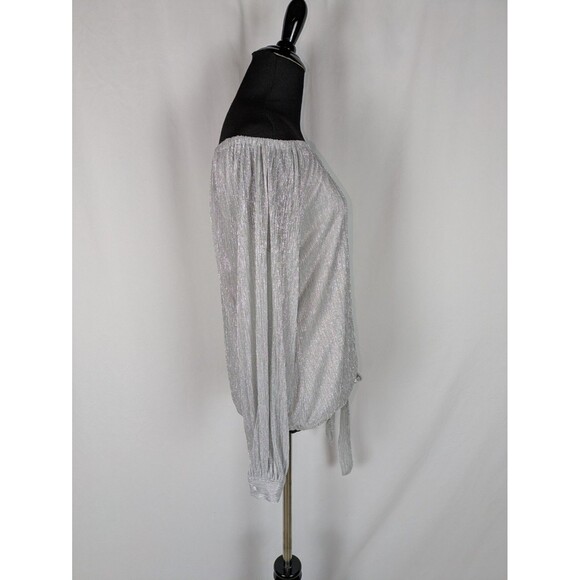 Cece Blouse S Women's Metallic Silver Off the Shoulder Long Sleeve Tie Hem - Picture 5 of 8